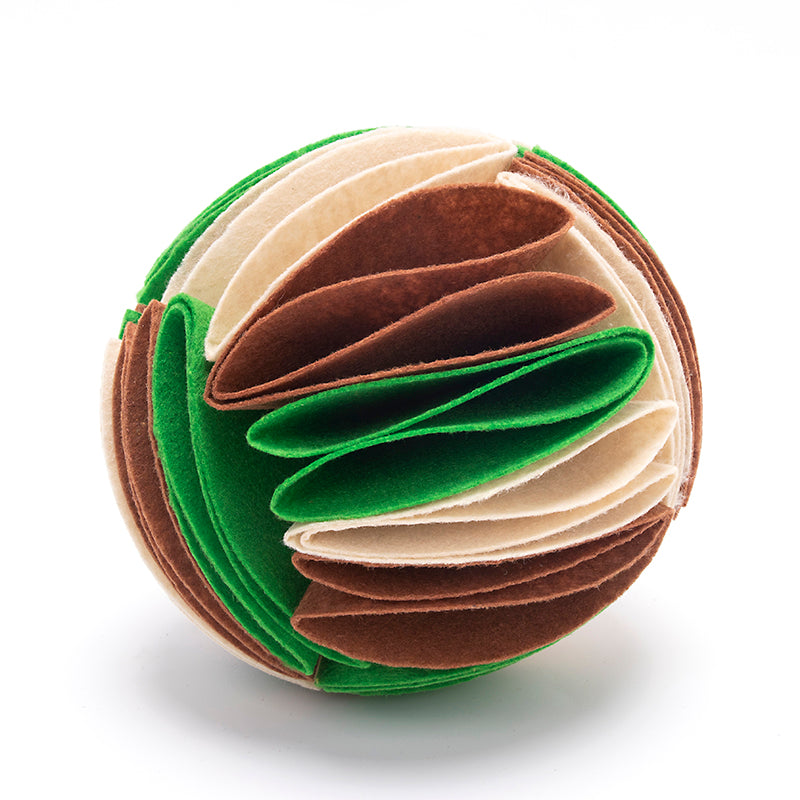 ForageOrb foldable fleece snuffle ball for dogs with layered pockets for nose work and mental enrichment