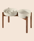 HearthFlow two bowls on one acacia wood stand