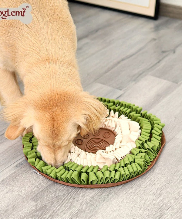 Dog sniffing for treats in the MeadowScent snuffle mat in Meadow Green